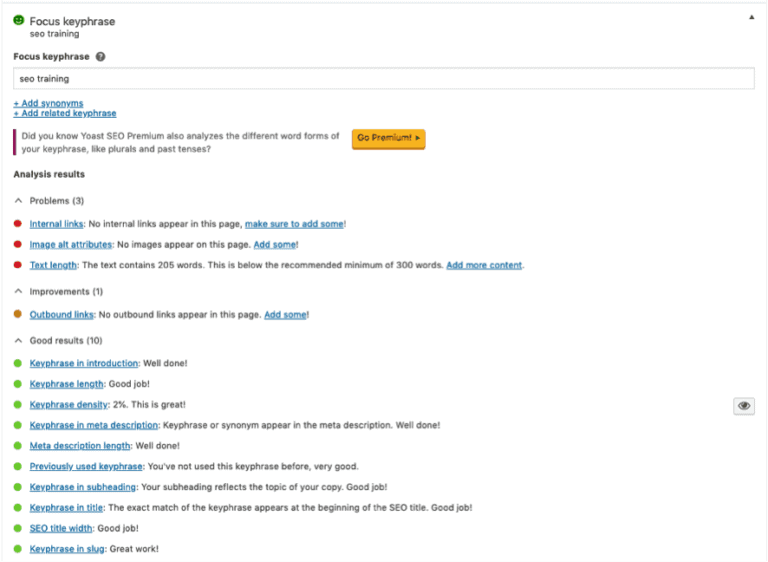 Yoast seo plugin focus keyphrase example