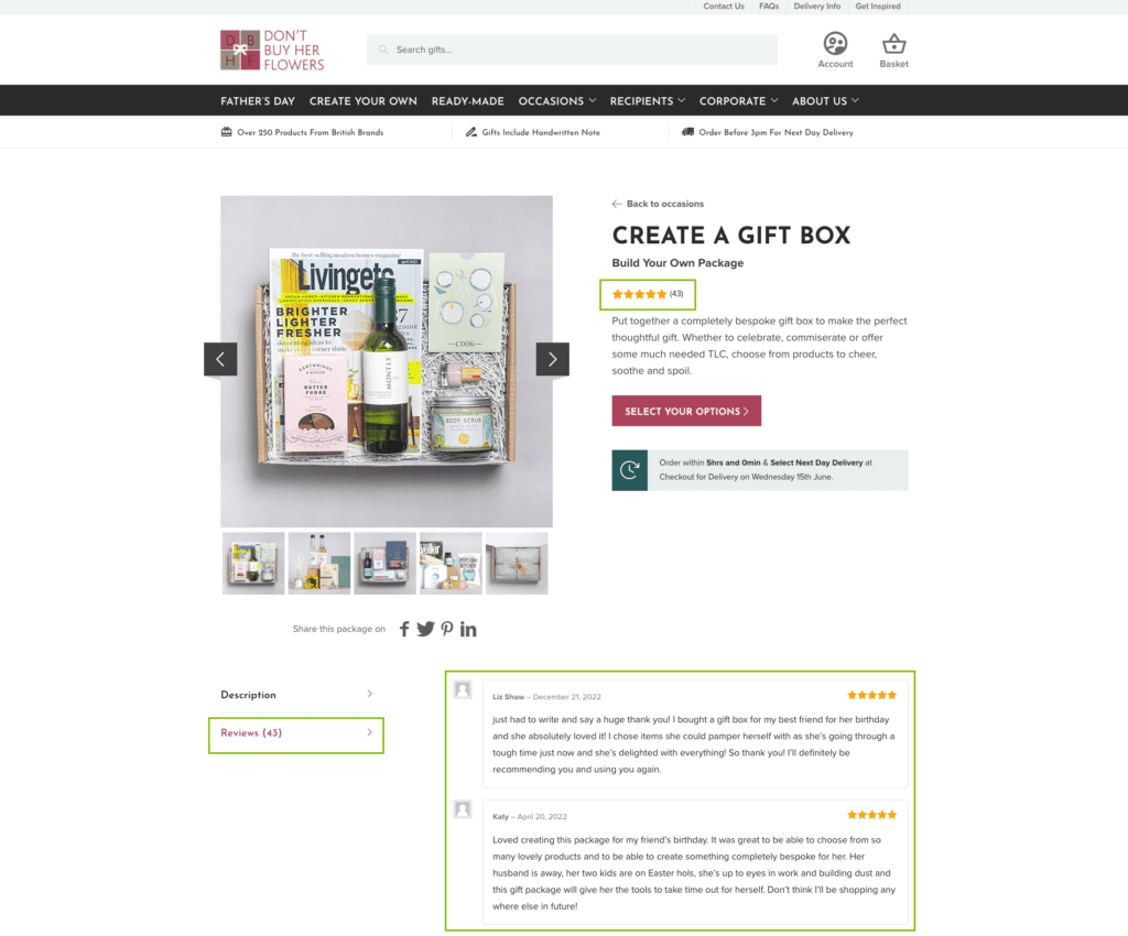 Example of reviews on an e-commerce product page from Don't Buy Her Flowers