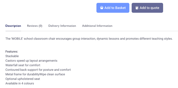 Example of a website with tabbed sections for additional product details