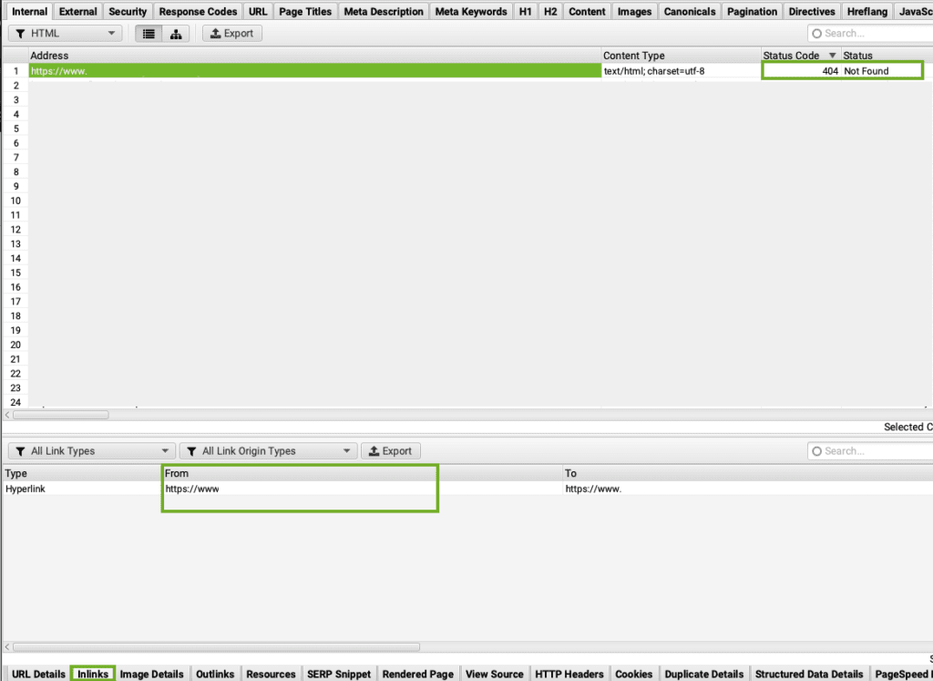 identifying location of links that 404 in screaming frog