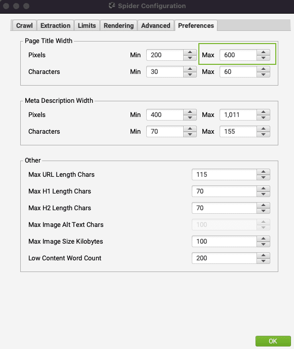 Update pixel width in Screaming Frog