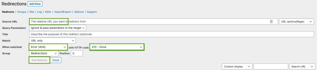 Redirection plugin, adding a 410 part 2