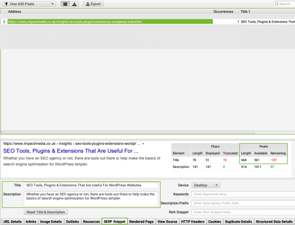 Screaming Frog SERP Snippet Tool example