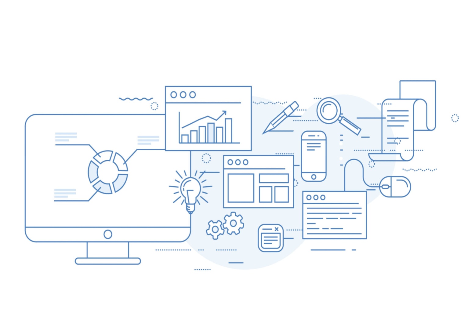 illustration of a computer and a mobile phone surrounded by graphs