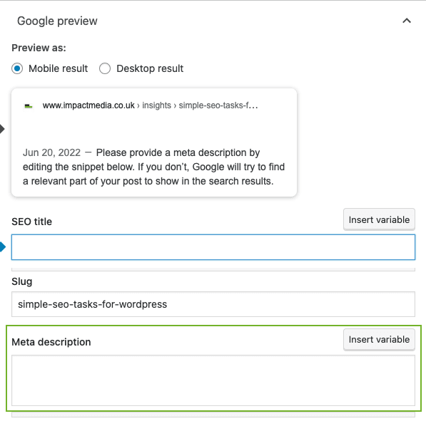 Yoast's Google Preview for adding Meta Descriptions