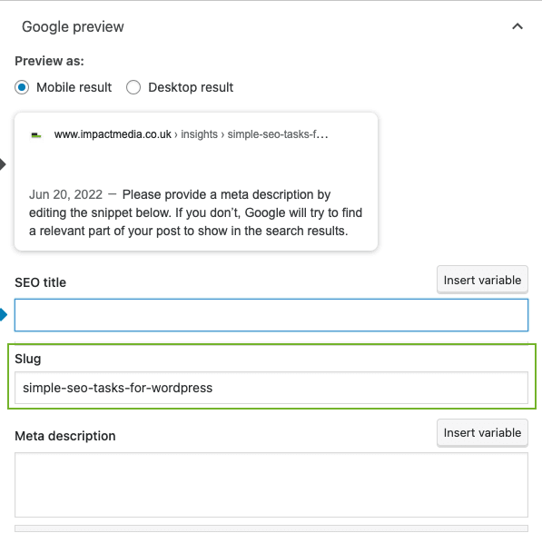 Yoast's Google Preview for adding slug