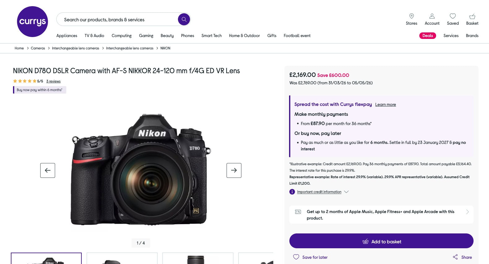 Currys product page for a DSLR camera