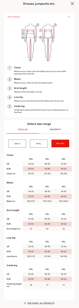 H&M sizing charts