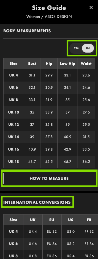 ASOS Size Chart