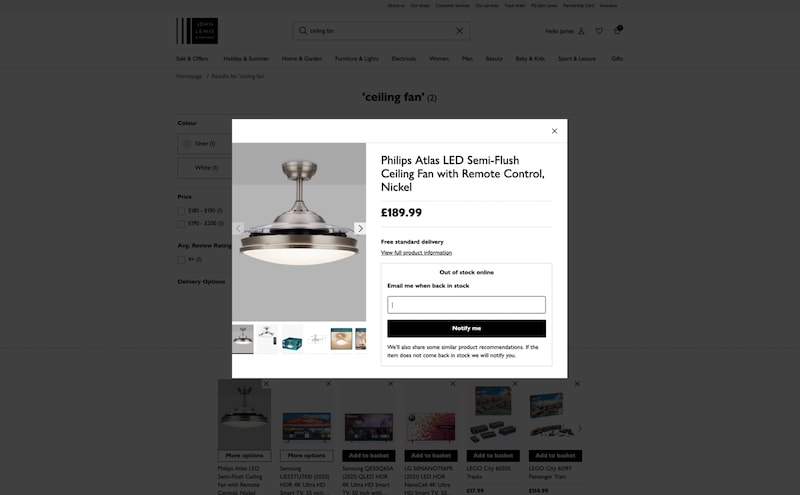 modal for out of stock item with call to action