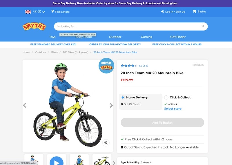 smyth's toy shop kids bike product page