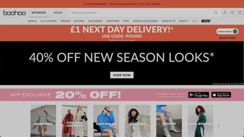 boohoo website with energy-saving mode on