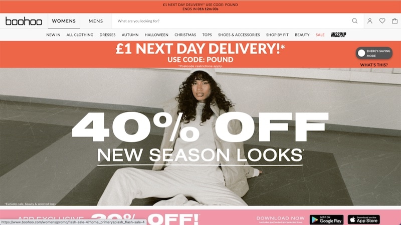 boohoo website without energy-saving mode on