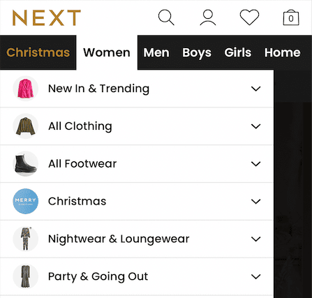 next horizontal mobile navigation dropdown