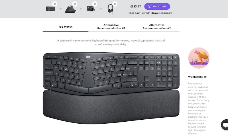 logitech workspace configurator result with alternatives in tabs