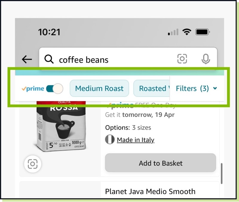 Amazon mobile filter bar with horizontal scroll