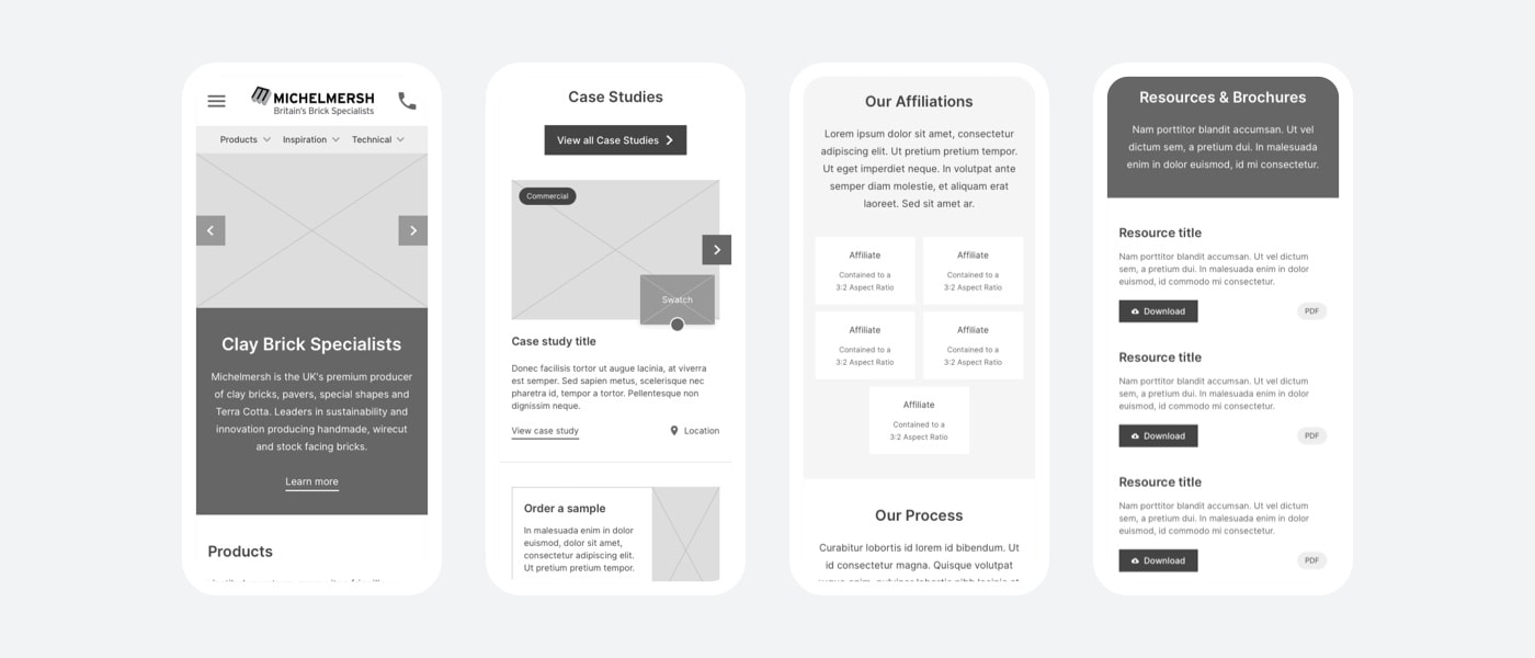 Mobile wireframes from the MBH PLC website redesign.