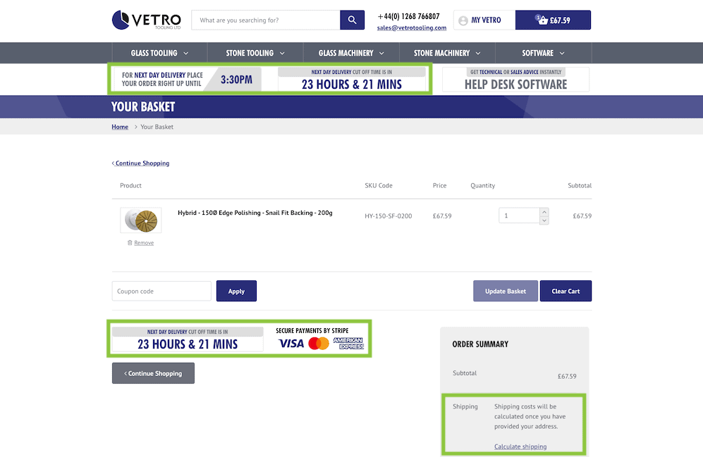 Vetro Tooling's basket page