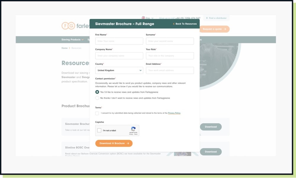 Farleygreene.com form screen modal popup