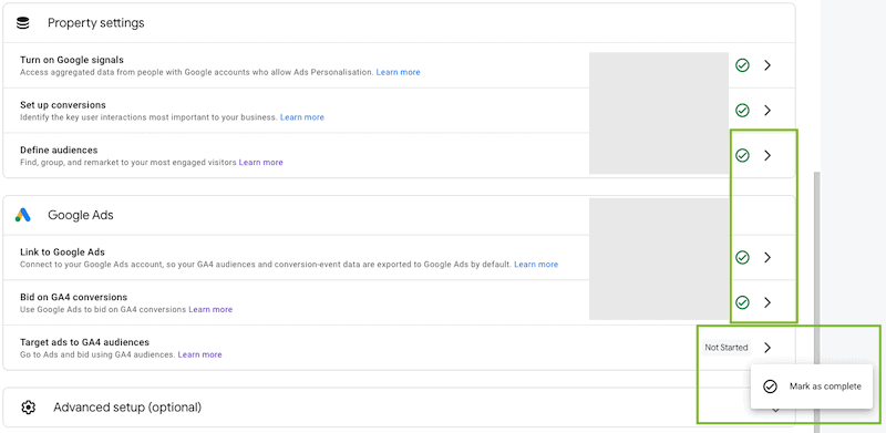 mark as complete in ga4 setup assistant