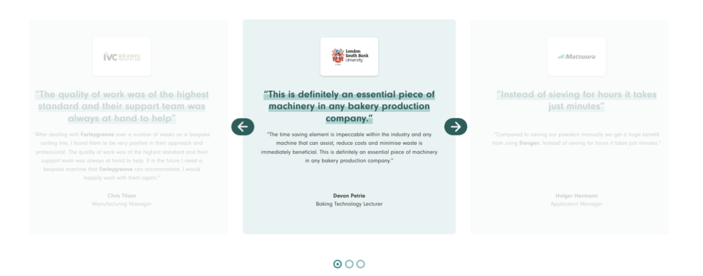 examples of testimonials from the farleygreene website contact page