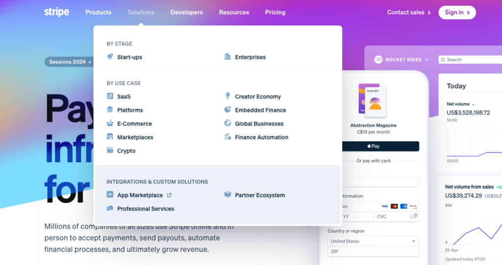 Stripe Solutions menu
