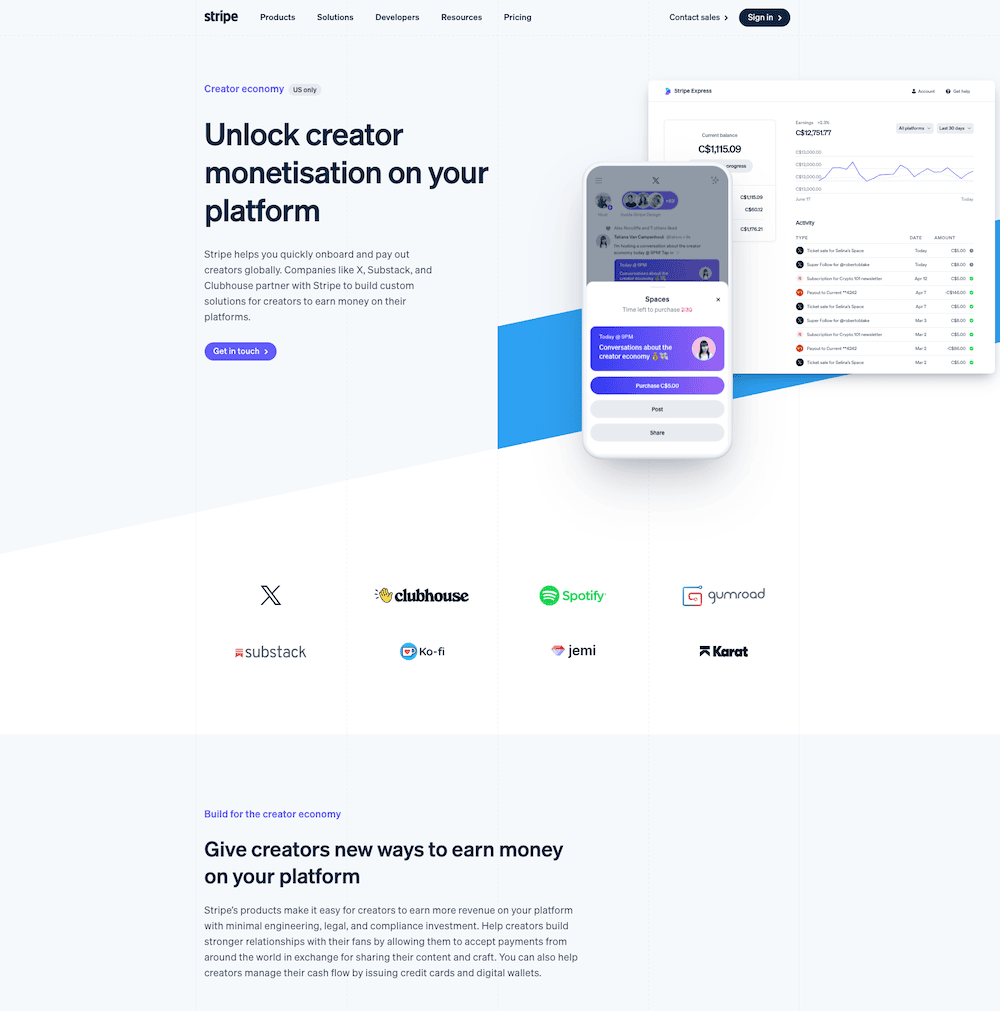 Stripe creator economy solutions page.