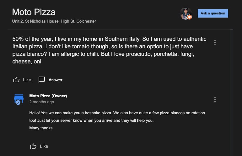Google Business Profile Q&A example