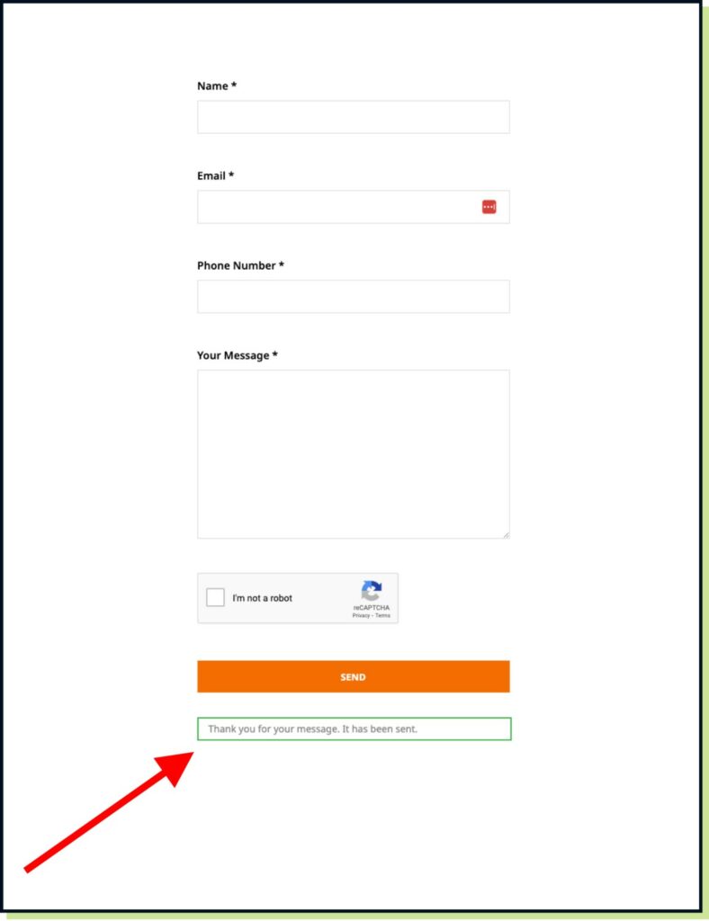 example of a form with a hard to spot thank you message