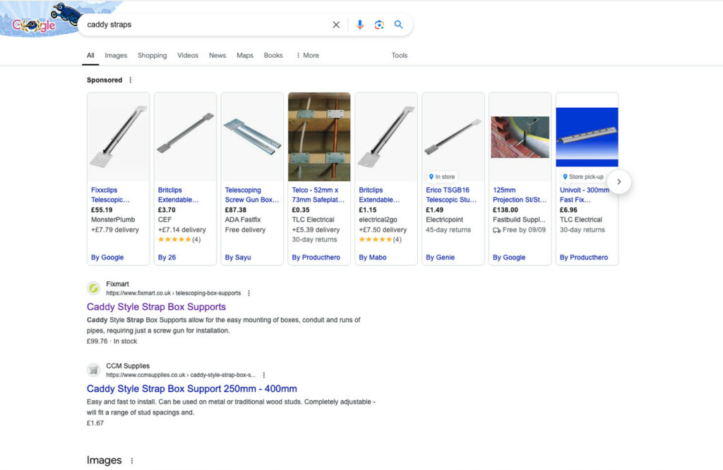 product results in Google for 'caddy straps'