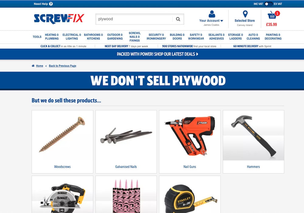 Screwfix page witg 'We Don't Sell Plywood' notification