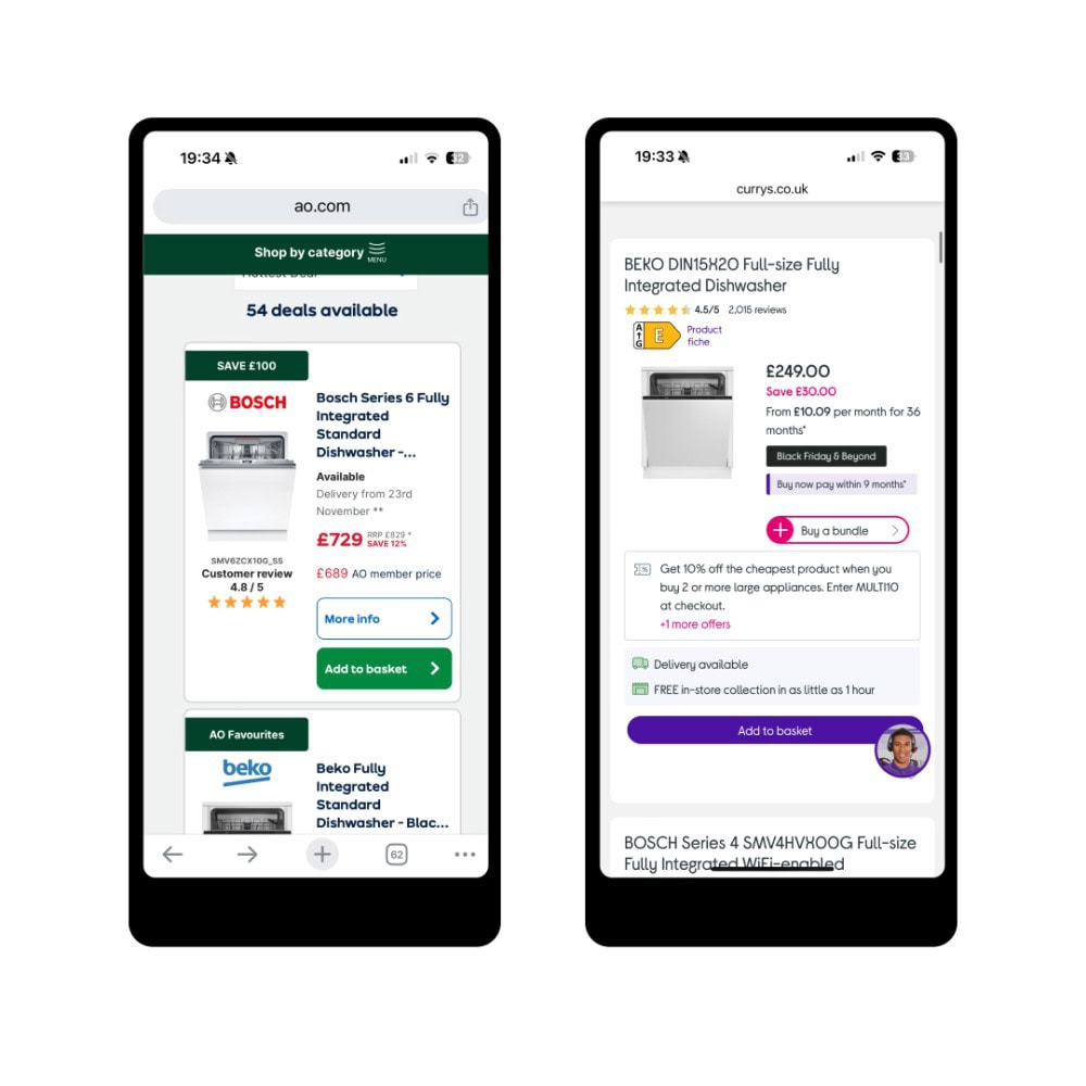 2 mobile views side by side from AO and Currys