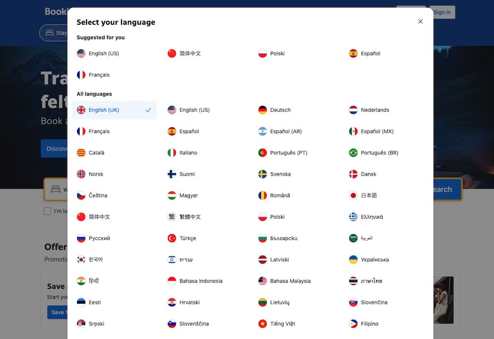 Booking.com language selection