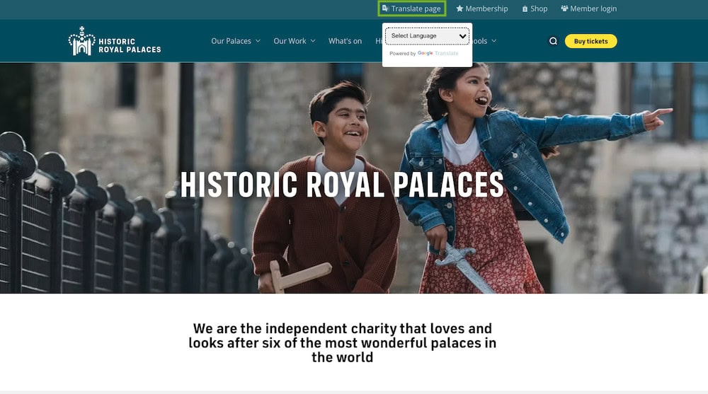 Historic Royal Palaces language translation via Google