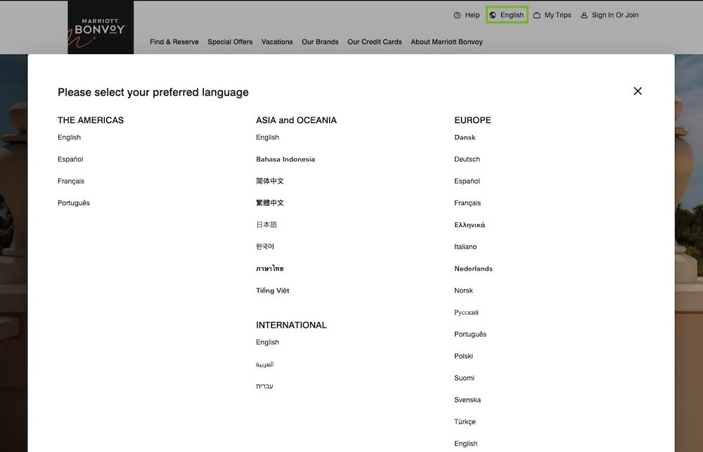 Marriott Bonvoy language selector