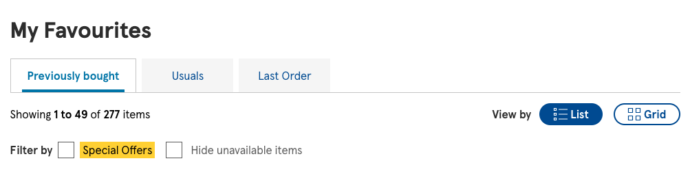 tesco previous order and favourite items