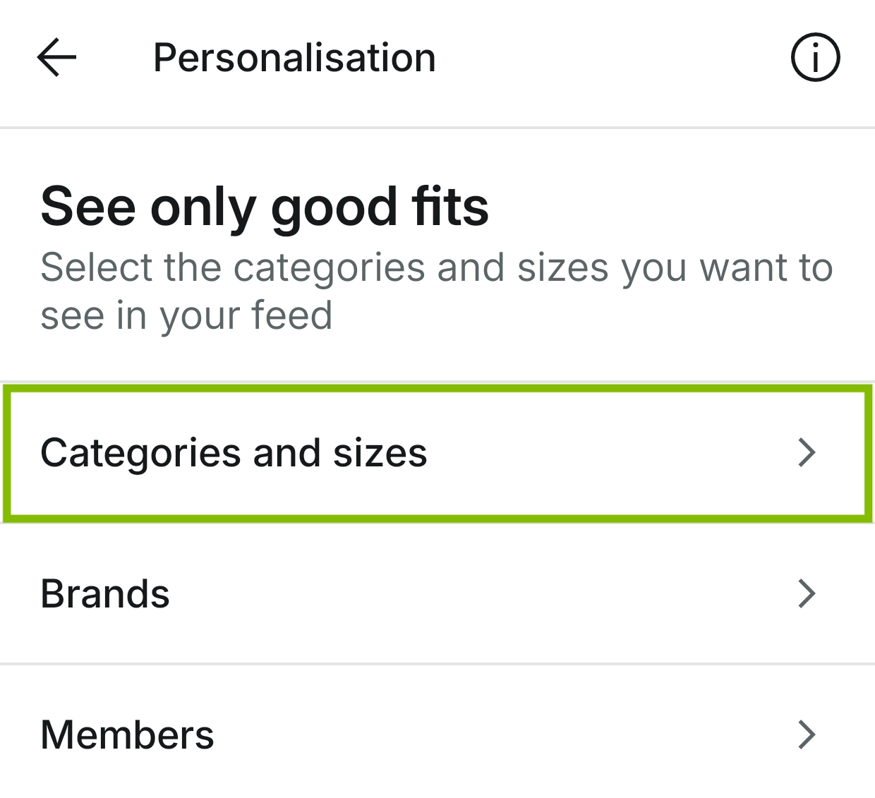 Vinted size and category personalisation