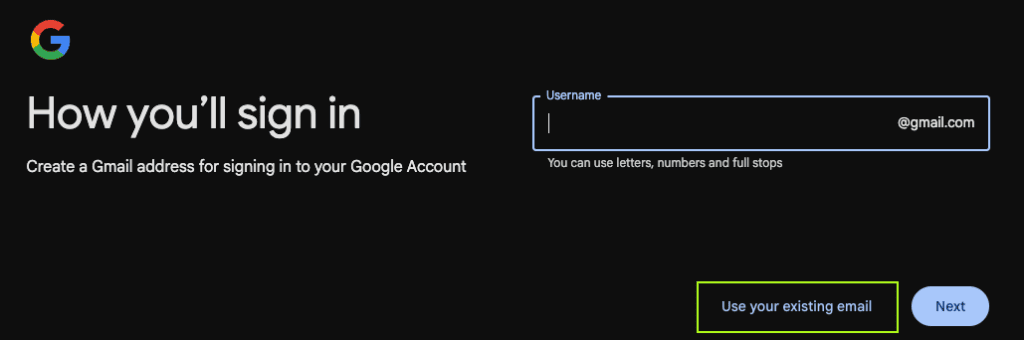 enter 'use your existing email'