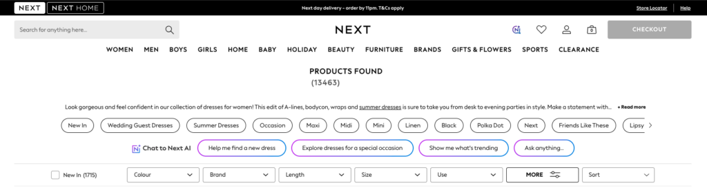 Advanced product filtering for dresses on Next.co.uk