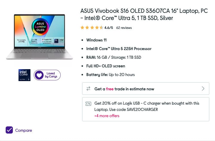 product result with comparison checkbox