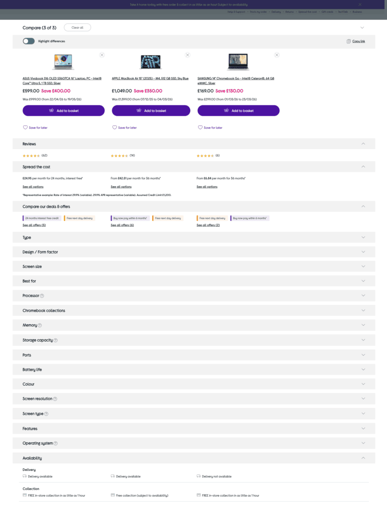 currys comparison table
