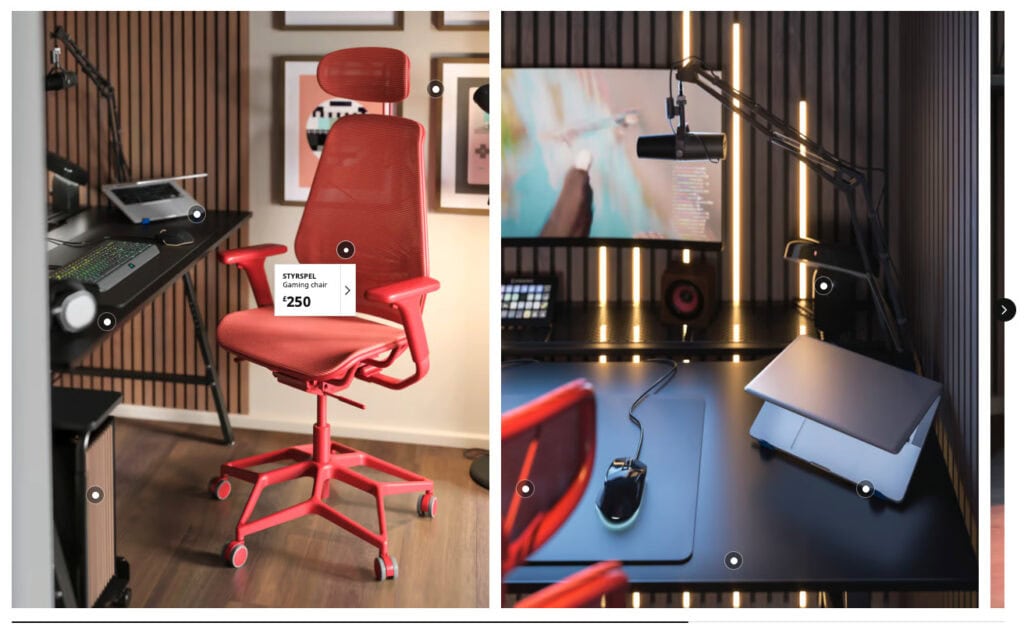Ikea staged rooms with clickable targets on each purchasable item